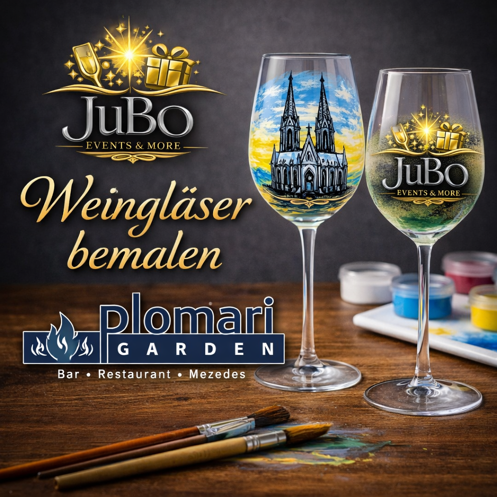 Mehr über den Artikel erfahren Weingläser bemalen Classic Experience in Köln | Kreatives Event im Plomari Garden Sülz by JuBo Events & more
