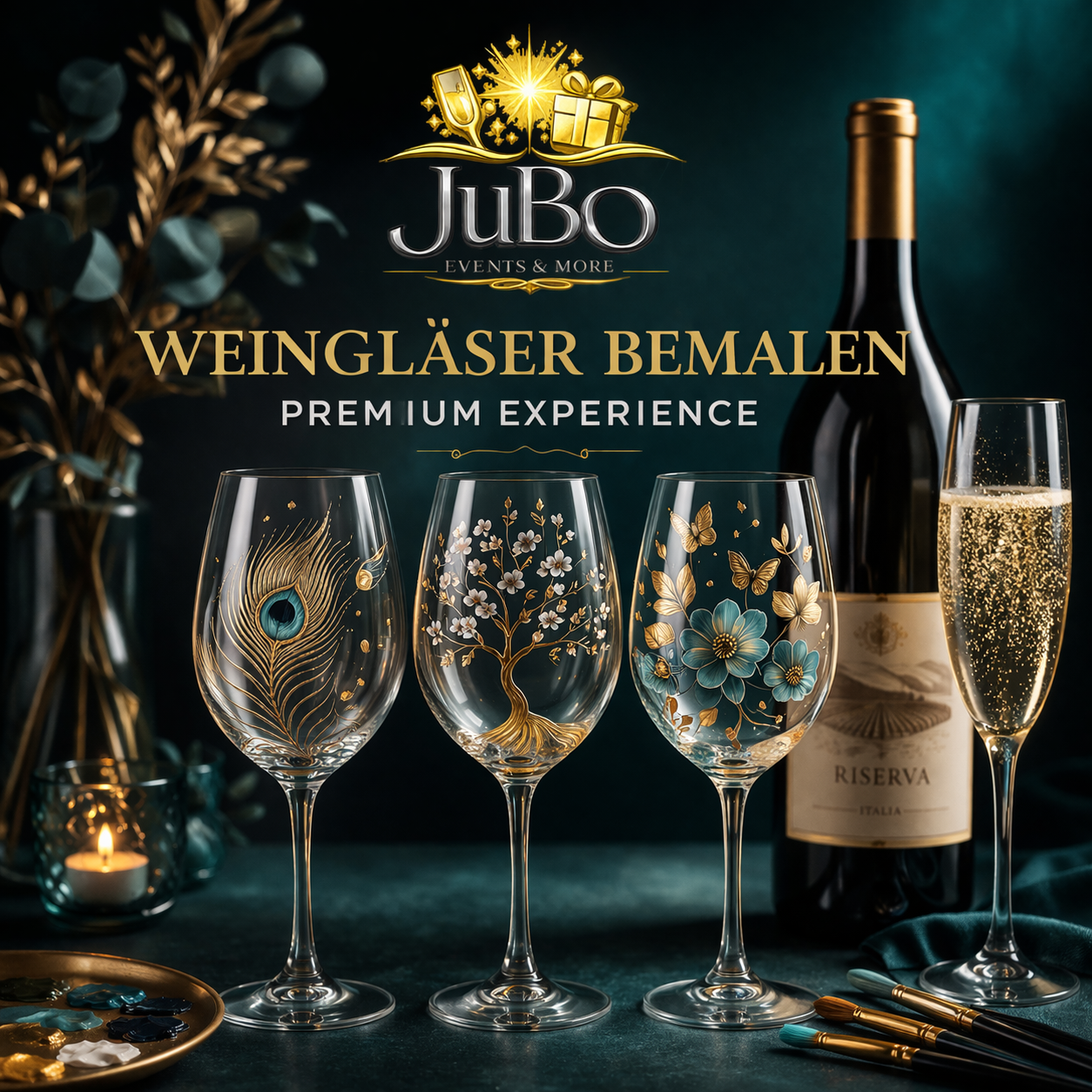 Mehr über den Artikel erfahren Weingläser bemalen Premium Experience in Köln | Kreatives Event inkl. Prosecco &. 2 Weinen im Plomari Garden Sülz by JuBo Events & more