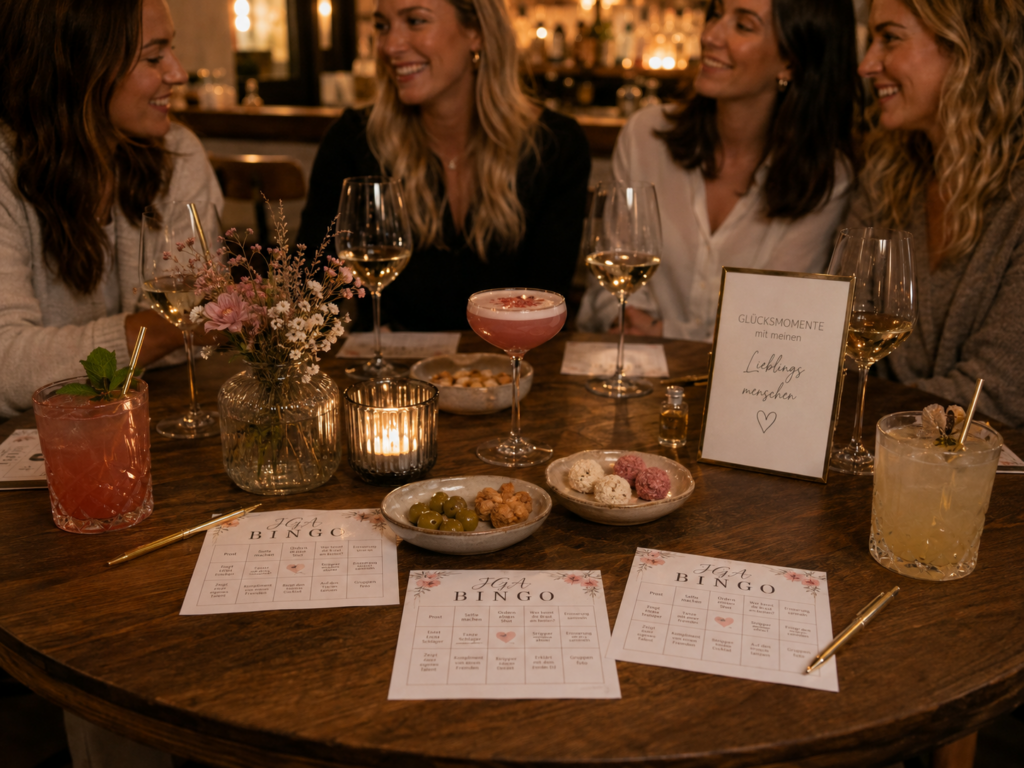 Drinks und Tischdetails bei einem persönlichen Bingo Abend