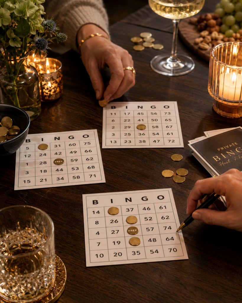 Bingo-Karten und Spielmaterial auf gedecktem Tisch